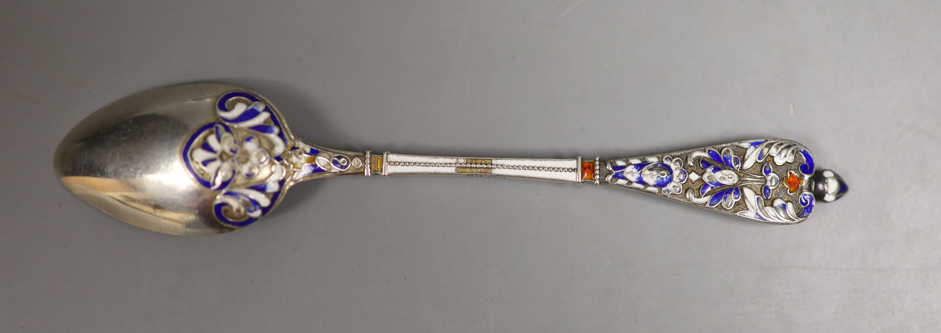 A set of ten continental 800 standard white metal and enamel coffee spoons(a.f.)